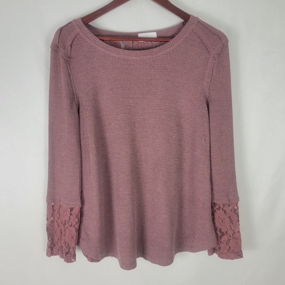Eiffel Designs Womens Shirt Small Top Waffle‎ Knit Lace Floral Back Long Sleeve - Picture 1 of 10